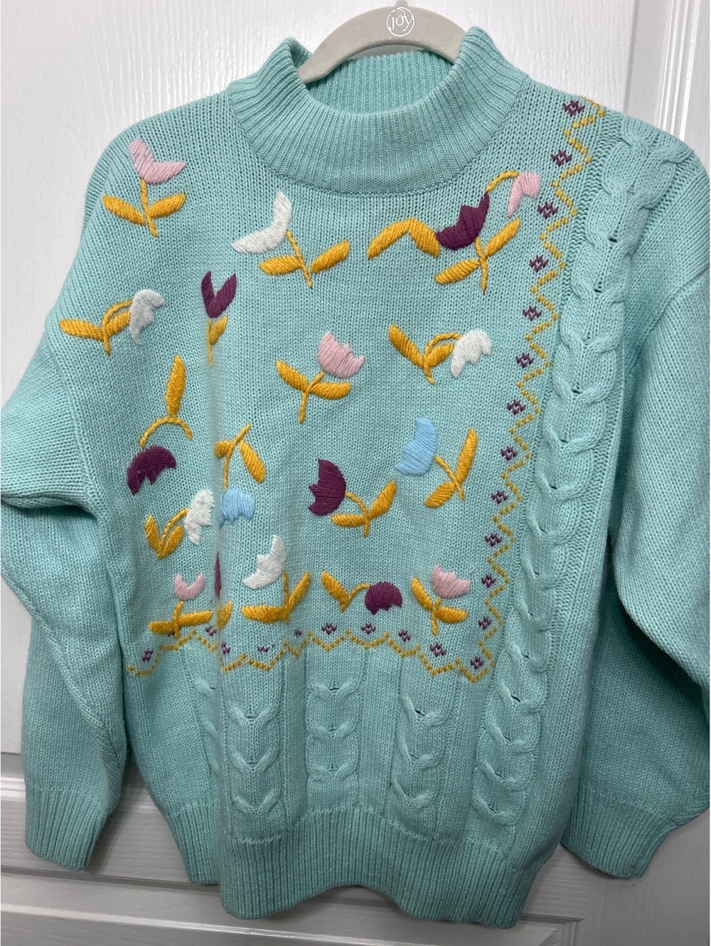 Western Connection Light Blue Embroidered Cable Knit Sweater, Size M